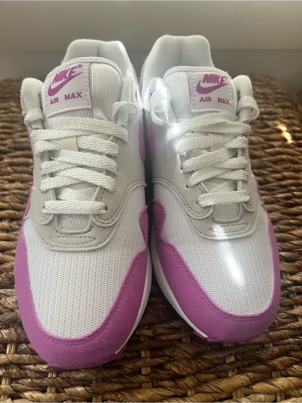 Nike Women’s White and Pink Air Max 1 Sneakers - Picture 3 of 7